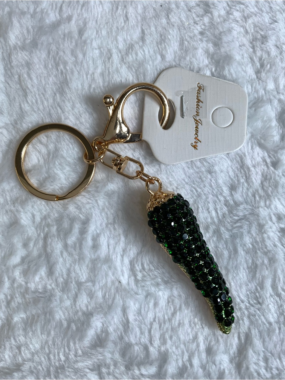Fashion Jewelry Gold Key Ring with Dark Green Crystal Charm